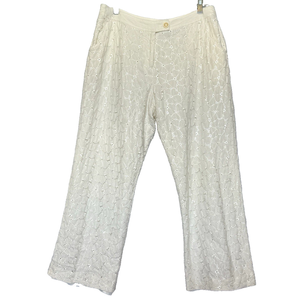 Womens Eyelet‎ Wide Leg Minimalist Linen Pants Size 14 Resort Luxury Embroidered